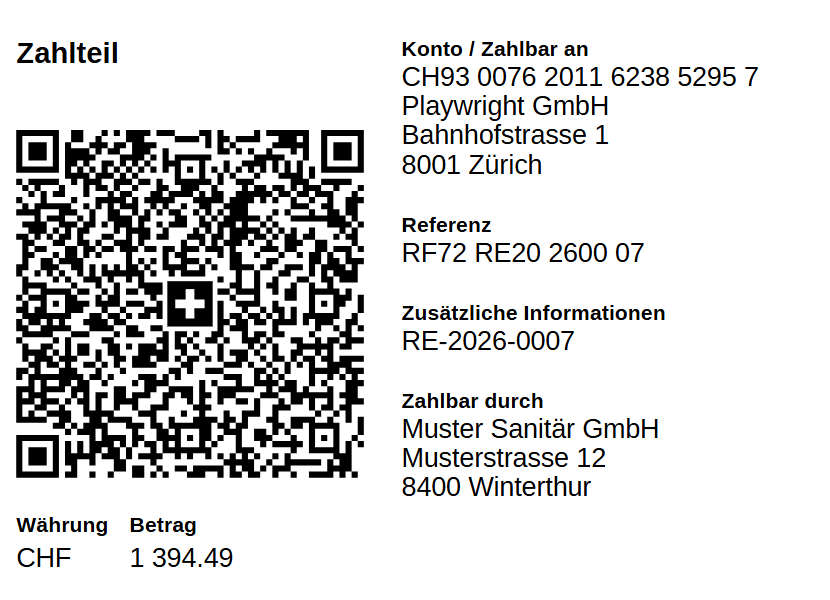Screenshot – Schweizer QR-Rechnung in WyFlow mit QR-Code