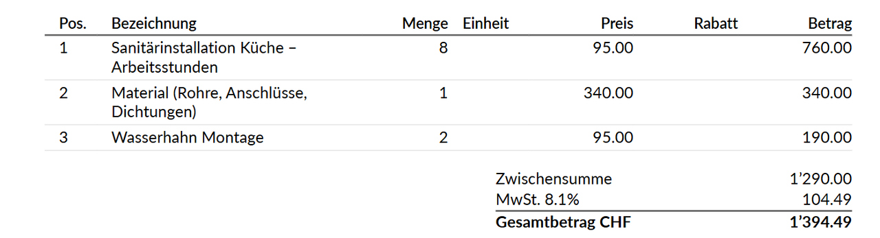 Screenshot – Positionen und Total in WyFlow